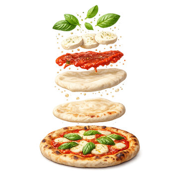 Flying ingredients for classic Italian Margherita pizza, creative food concept isolated on black background.