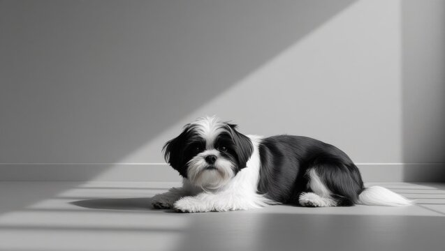 Shih Tzu, A black and white Shih Tzu rests on a matte grey floor, showcasing its playful and adorable personality in a charming setting.
