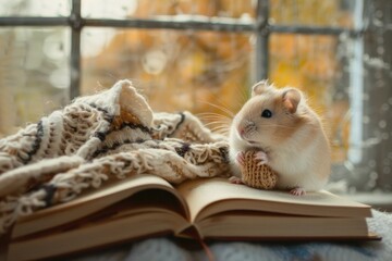 Hamster sitting on open book by window during fall reading cozy time