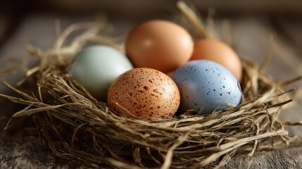 Obraz premium Close-up of eggs resting on a weathered wooden table with straw