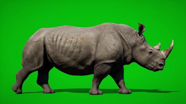 Massive White Rhinoceros Walking on Green Screen for Easy Keying and Isolation