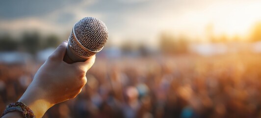 The Microphone Held Toward a Sunset Crowd at an Outdoor Music Festival