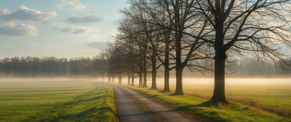 Obraz premium Sparse trees lining a quiet street during early spring, evoking serenity