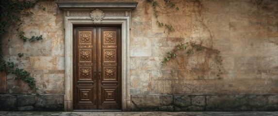 Fototapeta premium A historic bronze door featuring detailed star patterns, embedded in a refined stone frame