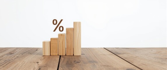 Vertical composition showing a percentage icon above a wooden block bar graph with upward arrows on a wooden table, symbolizing profit and investment in business growth