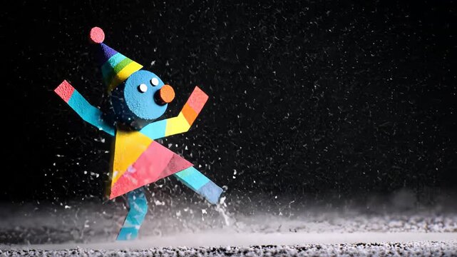 Colorful Clown Artistic Paper Sculpture: Playful and Whimsical Toy in a Two-Dimensional Fantasy Celebration Scene with Vibrant Dynamic Poses and Snow Effect