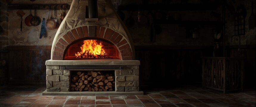 Ovens combining traditional and modern styles for pizza cooking and baking, featuring a burning fire