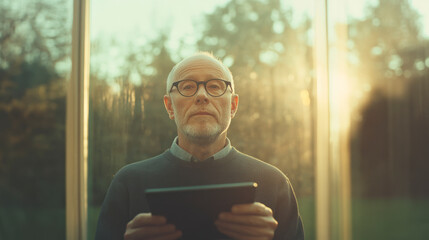 Senior man using tablet by window in warm sunset light