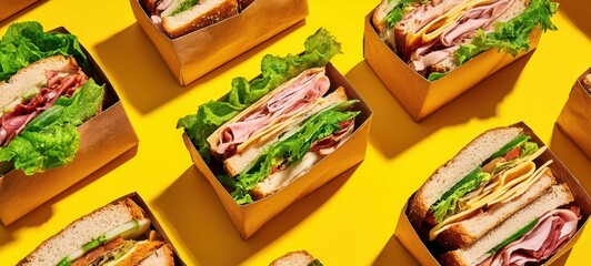 The Sandwiches Packed in Boxes on Bright Yellow Background for Picnic or Takeout