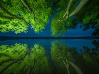 Serene lake scene at dusk with trees and foliage reflected in calm water, creating a mirrored effect with vibrant green leaves and deep blue hues.