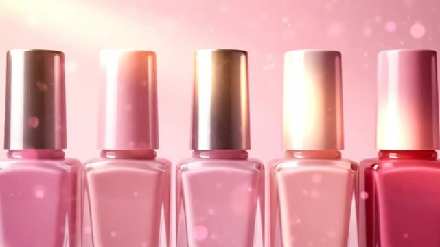 Elegant assortment of pink nail polish bottles arranged against a soft pink background.