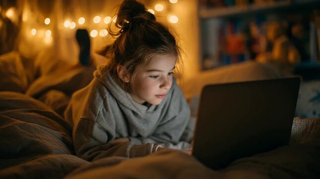 Young Girl Using Laptop on Couch at Night.