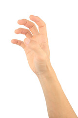 human hand on a white background showing a woman and a mans palm and fingers reaching, holding, and clicking. gesture hand isolated