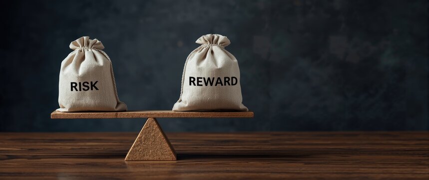 Equal position of risk and reward bags on a basic balance scale on wood surface