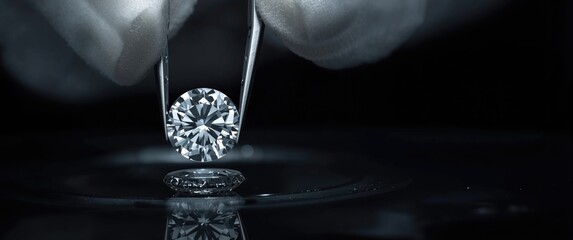Diamond quality assessment by professional using tweezers on black backdrop