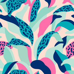 Abstract floral geometric shapes seamless pattern. Geometric floral background: doodles, scribbles, abstract flowers leaves. Colorful organic forms. Vector illustration for textile fabric print design