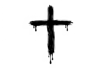 Grunge christian cross icon with blood dripping, expressing mourning, sacrifice, and spiritual symbolism on transparent background