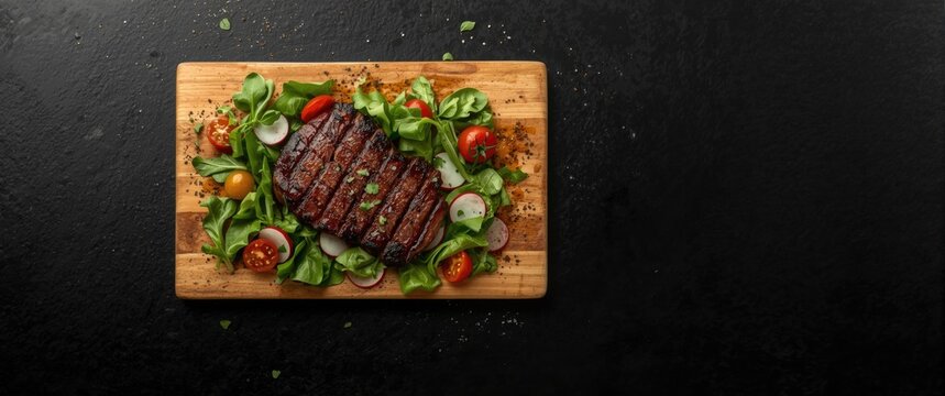 Grilled top blade steak served with salad and beef shoulder meat, plate on black background, top view