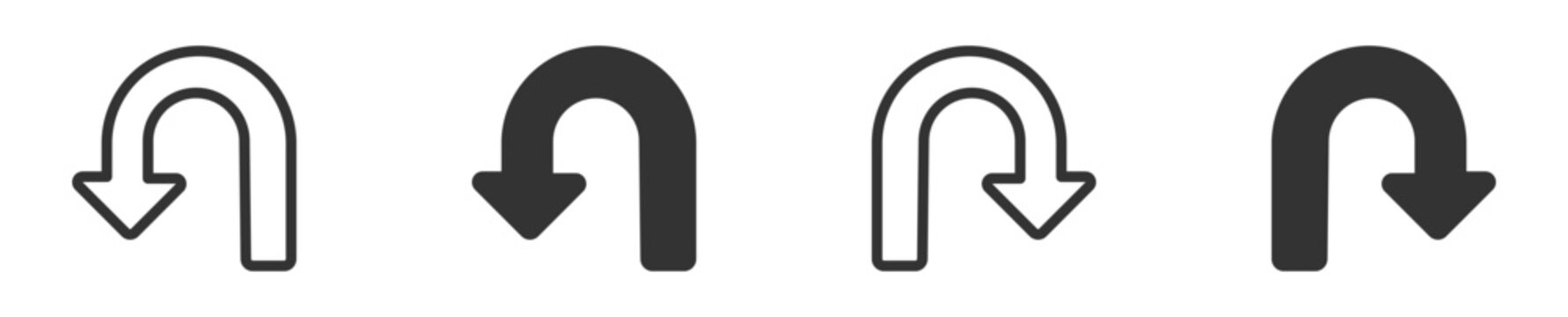 U-Turn Arrow Icon Set. Reverse Direction Symbols. Return Back Sign, Navigation UI, Vector Illustration.
