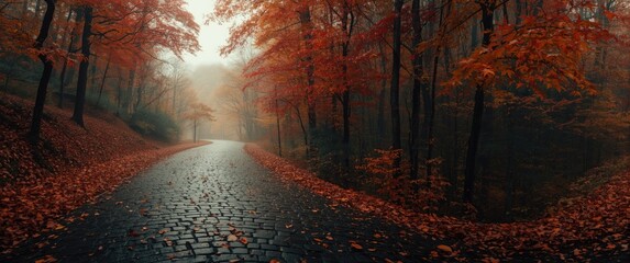 Rainy mountain road covered with colorful fallen leaves, surrounded by trees with red and orange leaves