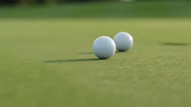 Close-up of a white golf ball resting on vibrant green grass.
