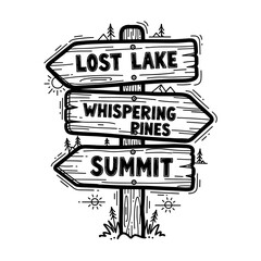 Hiking trail sign with directions to Lost Lake, Whispering Pines, and Summit  