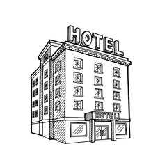 Hotel building sketch with sign and detailed windows design  