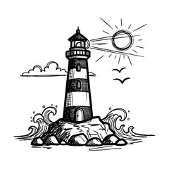 Lighthouse sketch surrounded by waves with sun and clouds  