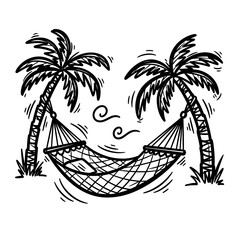 Hammock hanging between palm trees swaying in the gentle breeze - Concept of sketch travel  
