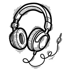 Headphones illustration in sketch style with cable design  
