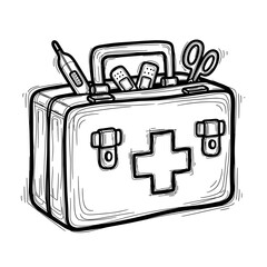 First aid kit with medical supplies including scissors and thermometer  