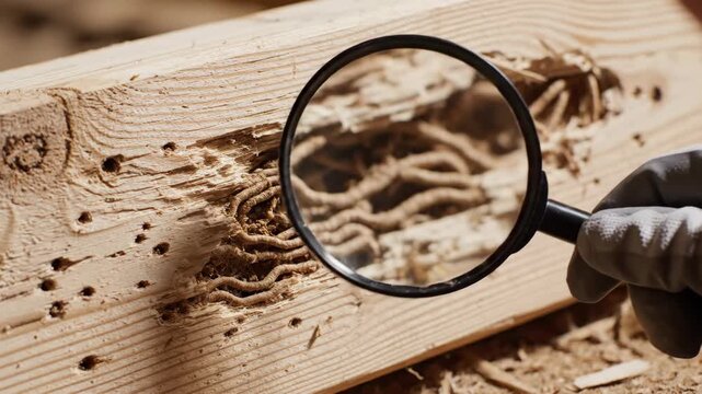 Close-up of a magnifying glass examining termite damage in wood. Hand in glove inspecting infested timber for pest control. Home inspection and woodworm concept