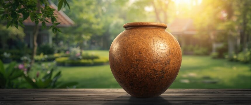 Large earthen jar from a vintage community village, jug, container, high-resolution full-frame image