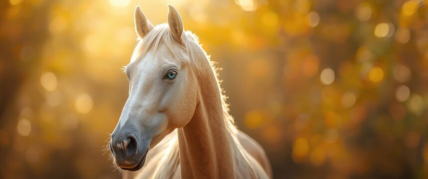 Portrait of an Akhal-Teke horse, showcasing a blue-eyed Perlino or cremello thoroughbred mare against a golden foliage backdrop
