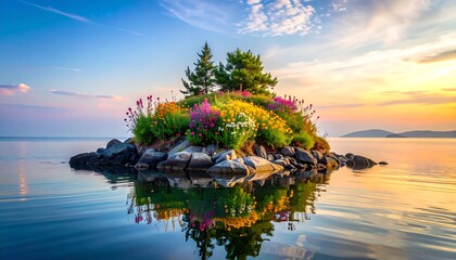 Serene island landscape with calm waters.