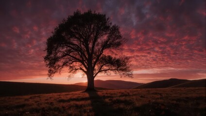 Fototapeta premium Lone Tree Silhouette Against Dramatic Sunset Sky.