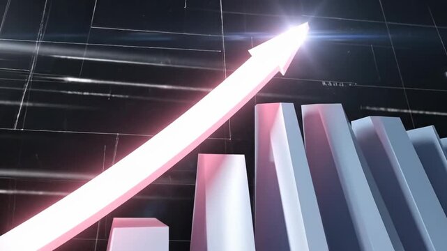 Abstract 3D bar graph with arrow pointing upwards, symbolizing growth and success.