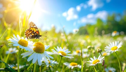 Butterfly on white daisies sunny meadow.