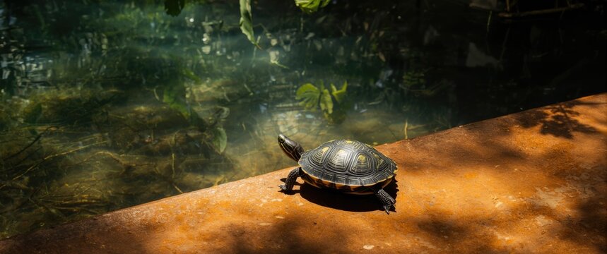 Turtle warming up on concrete by the water, surrounded by trees and sunlight