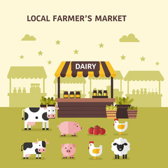 Naklejka premium Vibrant Illustration of a Local Farmer's Market Showcasing Dairy Products and Livestock