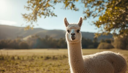 Obraz premium Farm scene featuring a cheerful alpaca, highlighting livestock behavior