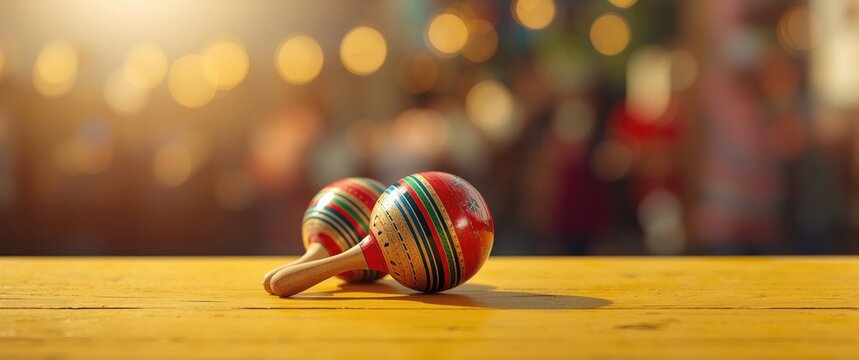 Colorful Mexican maracas placed on a bright yellow wooden table