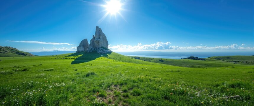 Limestone and blue sky at Akiyoshidai with striking geological features