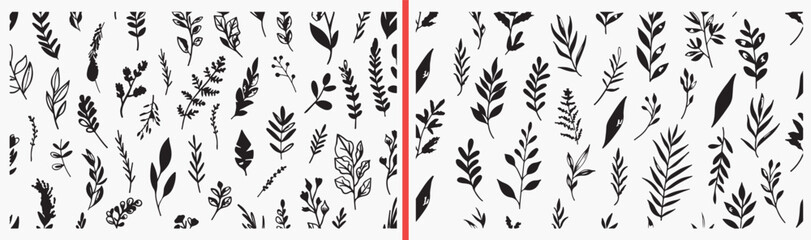 Botanical Floral Nature Pattern Collection Art, Hand Drawn Leaf Branch Sketch Design Vector, Simple Wildflower Plant Doodle Clipart Bundle, Decorative Natural Element Graphics Stock Set, Elegant Botan