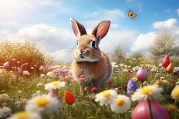 Obraz premium Cute rabbit enjoying a vibrant spring field with flowers and hidden easter eggs