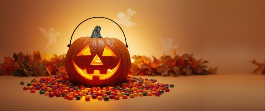 Colorful candies and orange pumpkin for Halloween celebration