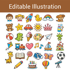 Fototapeta premium Colorful Kids Cartoon Icon Set – Cute Child Toys, Animals and Fun Objects Illustration