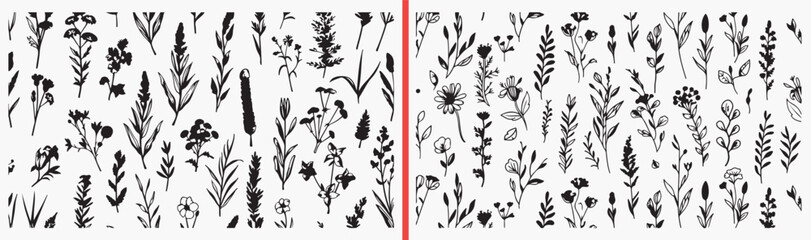 Botanical Floral Leaf Nature Pattern Collection, Hand Drawn Plant Branch Sketch Art Design, Simple Wildflower Element Doodle Vector Clipart, Decorative Natural Graphics Bundle Stock Set Art, Elegant B © Geetaroy
