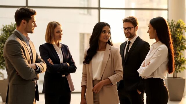executive and manager converse during team meeting. leader and colleague join coworker in business discussion. office environment with professional group. formal attire present professionalism.