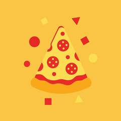 Vibrant Pizza Slice Depiction with Scattered Geometric Shapes on a Bold Yellow Background
